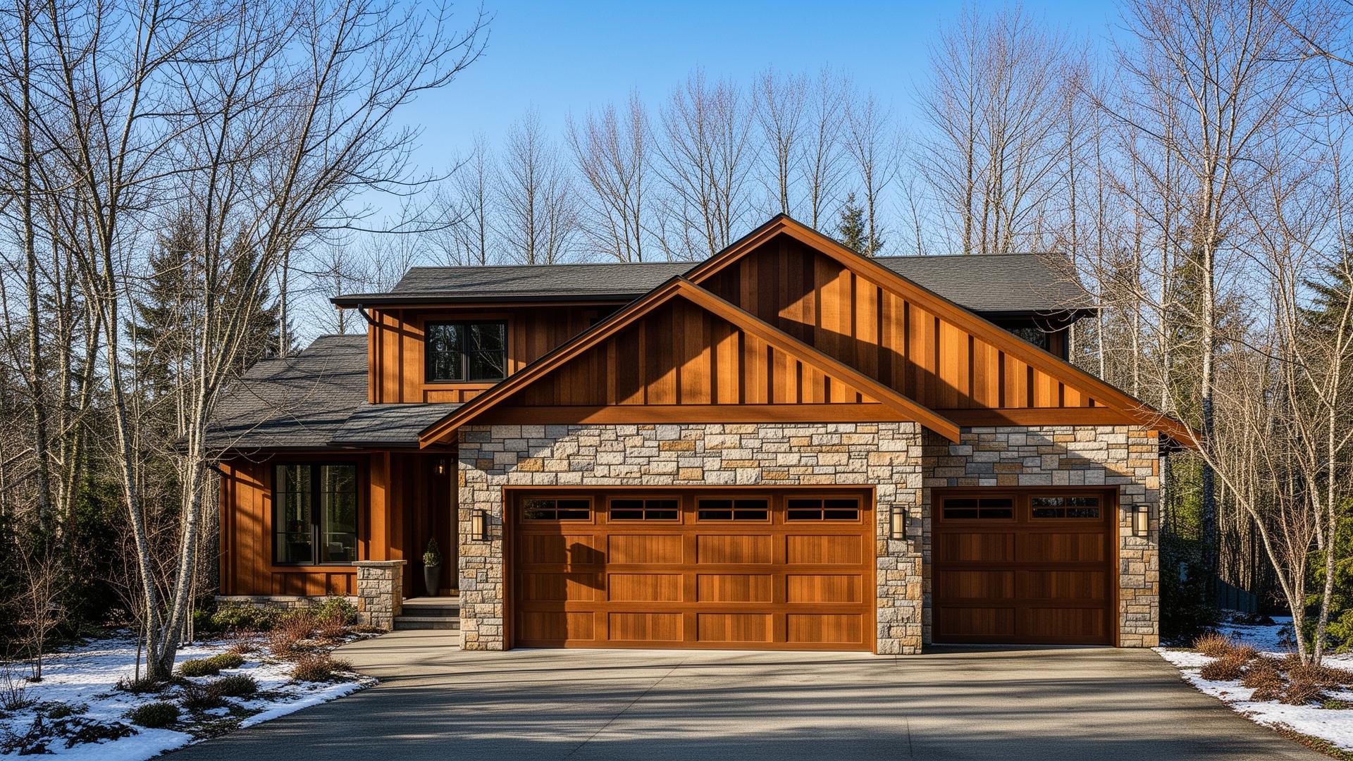 Beautiful Tuscan-inspired garage doors with stone surround on Pacific Northwest modern home